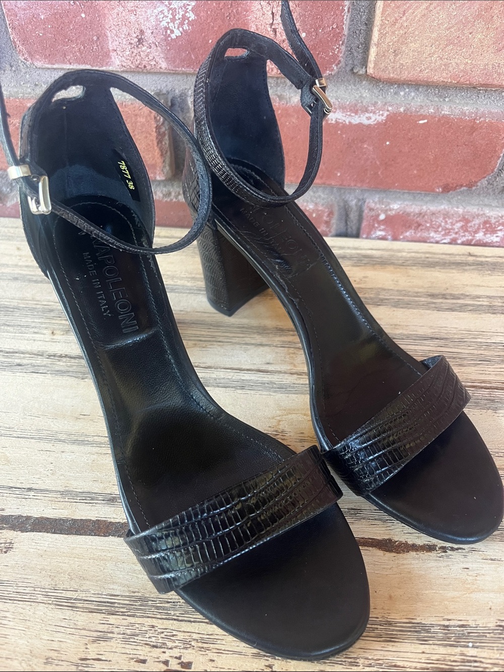 Napoleoni Black Croc-Embossed Ankle-Strap Block Sandals